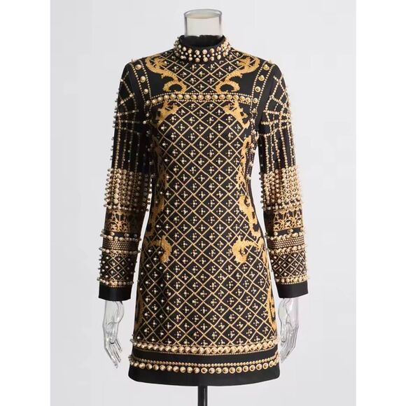 Women's fashion mock neck printed faux pearl beaded long sleeve size Large black - Picture 6 of 12